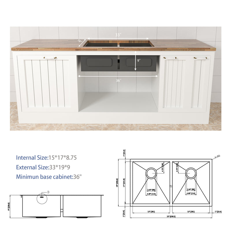 33x19 Undermount Double Bowl Kitchen Sink (50/50) in 18 Gauge Stainless Steel with 9 Inch Deep basin