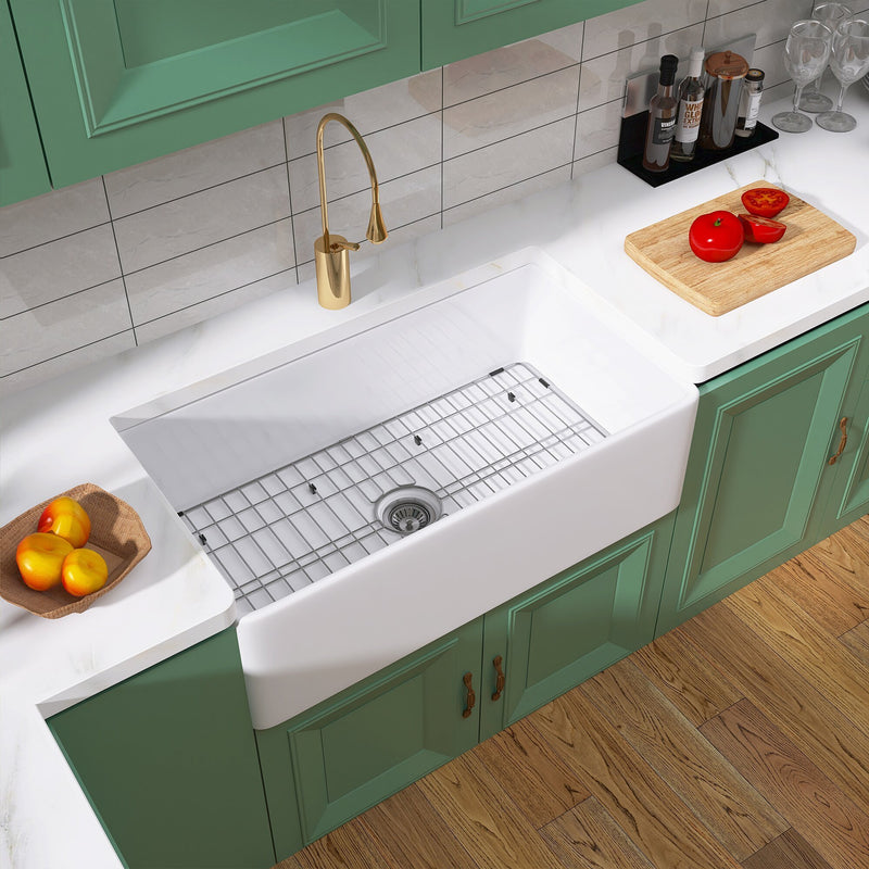 33  Inch Fireclay Farmhouse Kitchen Sink White Single Bowl Apron Front Kitchen Sink, Bottom Grid and Kitchen Sink Drain Included