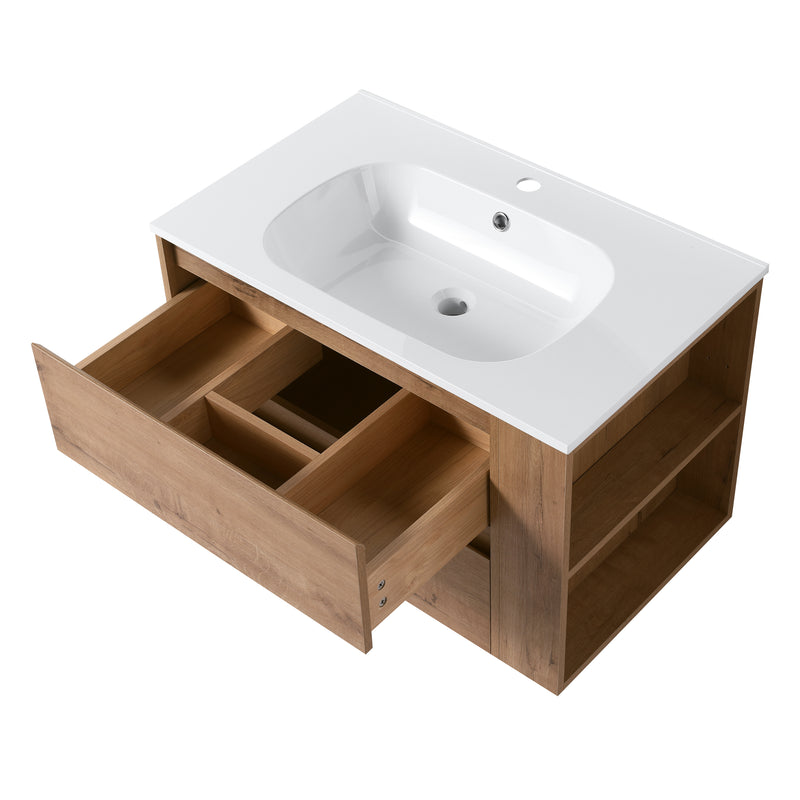 30" Wall Mounting Bathroom Vanity With Gel Sink, Soft Close Drawer