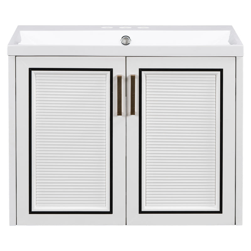 24" Wall Mounted Bathroom Vanity with Ceramic Basin, Two Shutter Doors, Solid Wood & MDF Board, White (One Package)