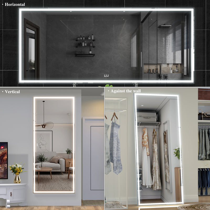 Extra Large LED Bathroom Mirror with 3 Color Aluminum Framed Wall Mirror Full Body Mirror with Lights, Vertical Horizontal Hanging Aluminum Framed Mirror for Bedroom Living Room, Silver, 84X36 inches