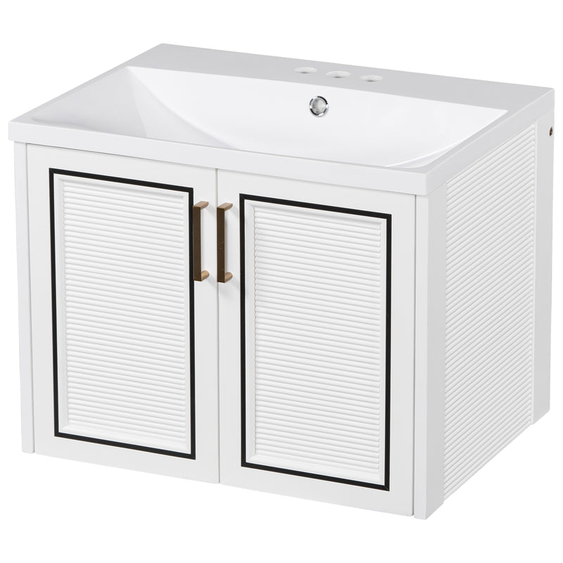 24" Wall Mounted Bathroom Vanity with Ceramic Basin, Two Shutter Doors, Solid Wood & MDF Board, White (One Package)