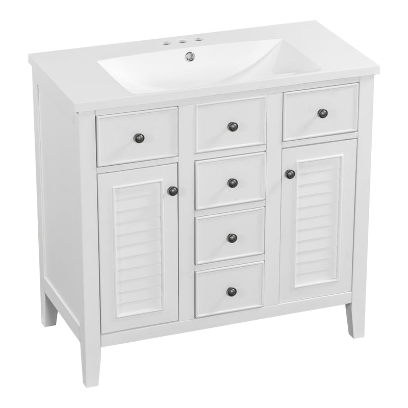 36" Bathroom Vanity with Ceramic Basin, Two Cabinets and Five Drawers, Solid Wood Frame, White