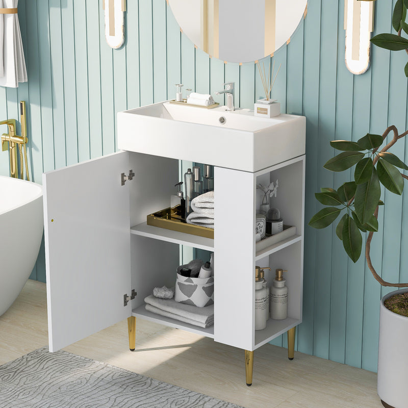 21.6" white Bathroom vanity, Combo Cabinet, Bathroom Storage Cabinet, Single Ceramic Sink, Right side storage