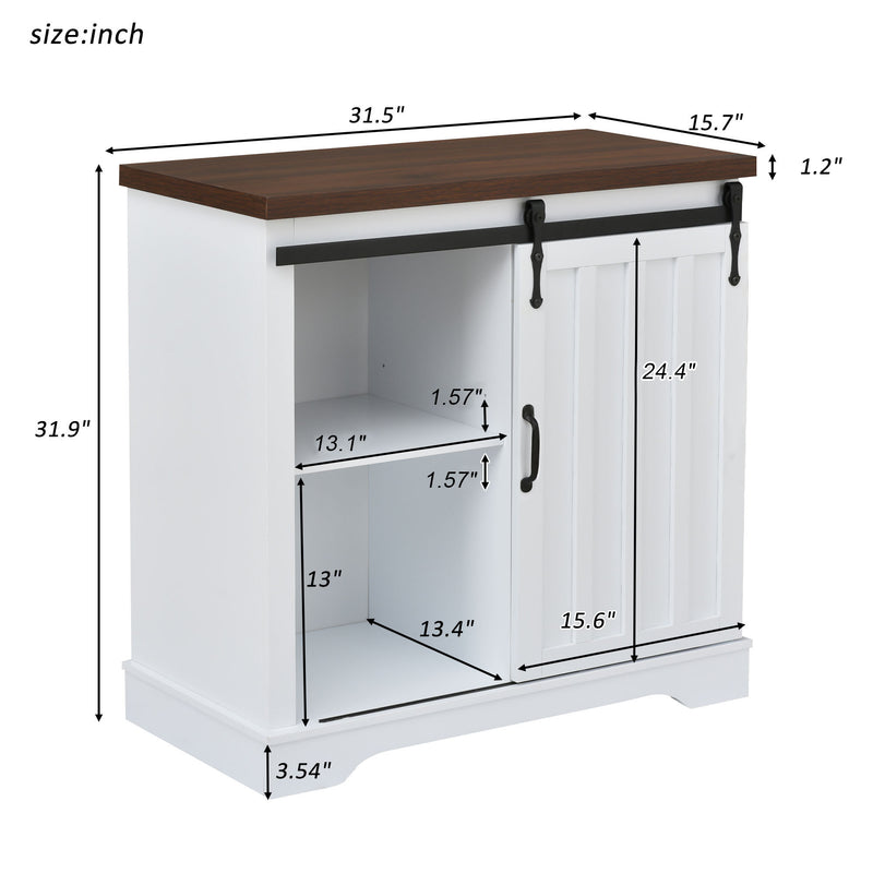 Bathroom Storage Cabinet, Freestanding Accent Cabinet, Sliding Barn Door, Thick Top, Adjustable Shelf, White and Brown