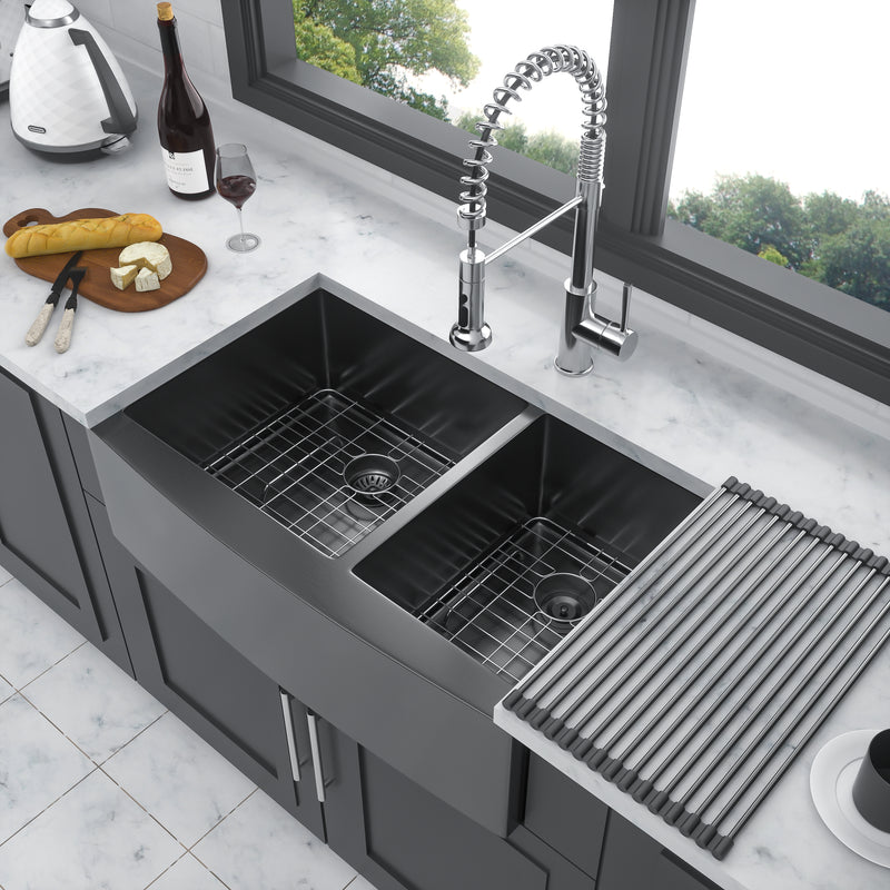 Gunmetal Black Double Bowl (60/40) Farmhouse Sink- 33"x21"x10"Stainless Steel Apron Front Kitchen Sink 16 Gauge with Two 10" Deep Basin