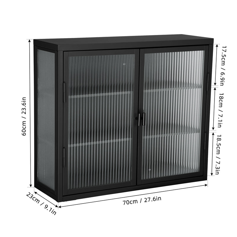 Retro Style Haze Double Glass Door Wall Cabinet With Detachable Shelves for Office, Dining Room,Living Room, Kitchen and Bathroom Black