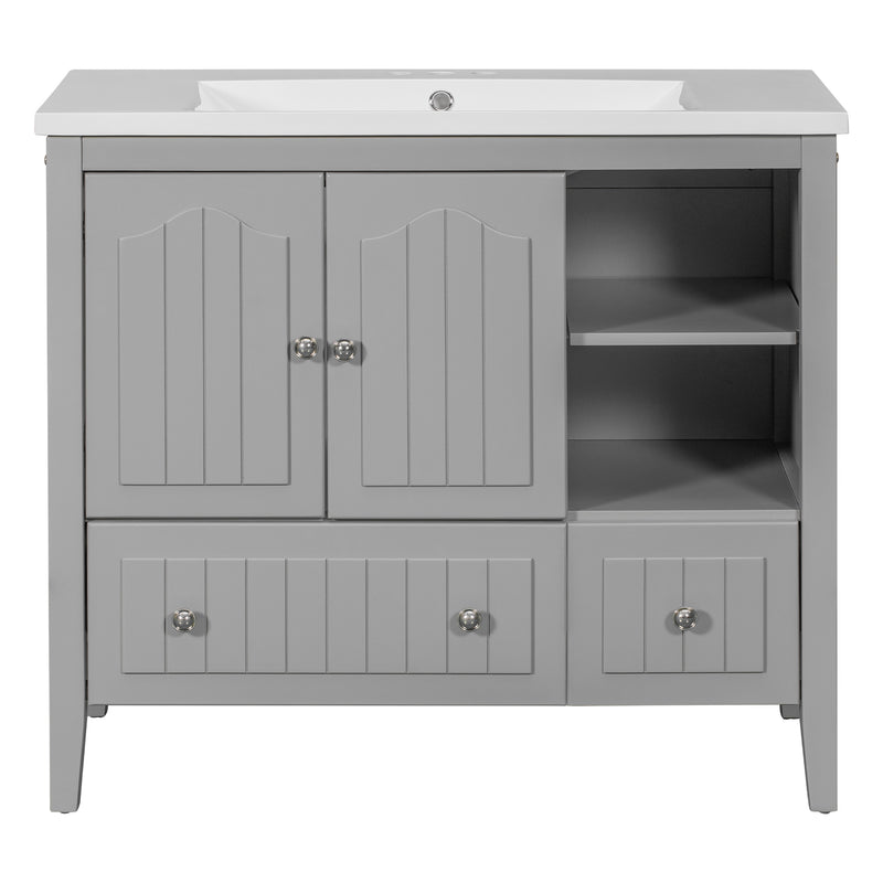 [VIDEO] 36" Bathroom Vanity with Ceramic Basin, Bathroom Storage Cabinet with Two Doors and Drawers, Solid Frame, Metal Handles, Grey