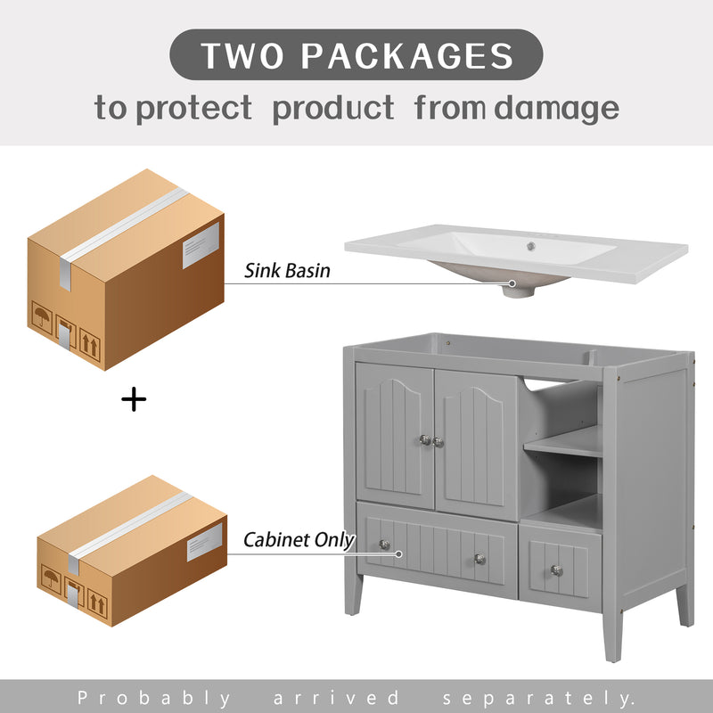 [VIDEO] 36" Bathroom Vanity with Ceramic Basin, Bathroom Storage Cabinet with Two Doors and Drawers, Solid Frame, Metal Handles, Grey