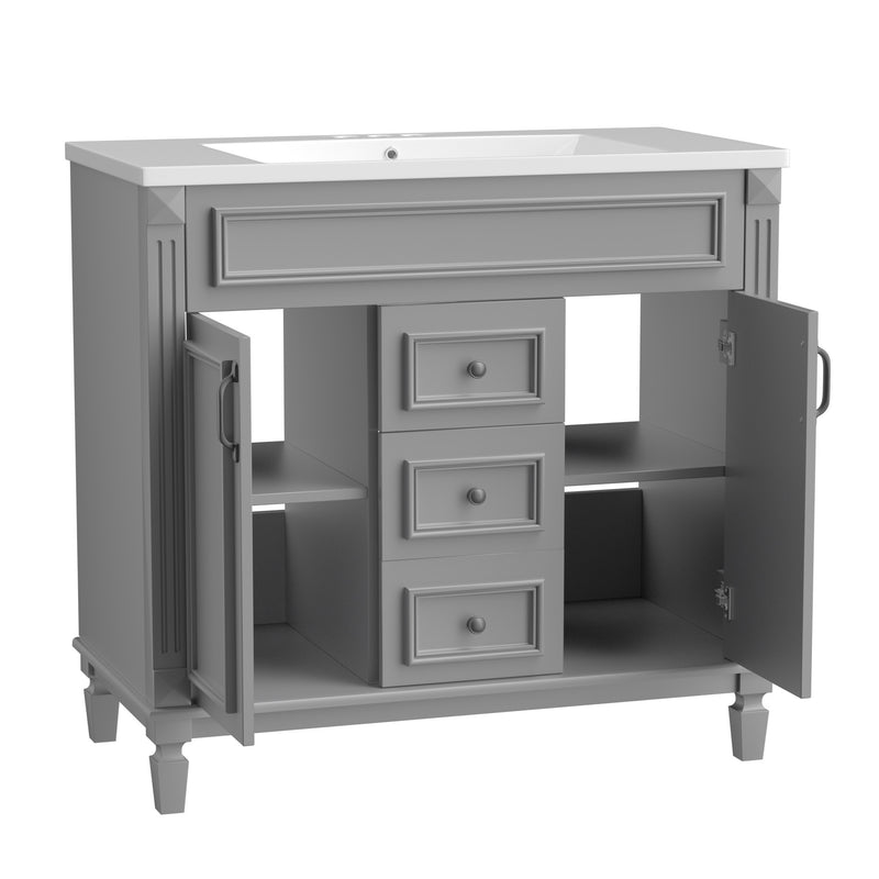 36'' Bathroom Vanity with Top Sink, Grey Mirror Cabinet, Modern Bathroom Storage Cabinet with 2 Soft Closing Doors and 2 Drawers, Single Sink Bathroom Vanity