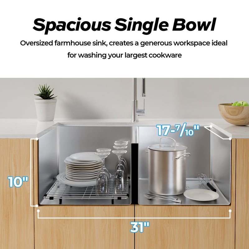 TECASA Farmhouse Double Bowl 50/50 Sink 33 inches Stainless Steel Apron Sinks 16 Gauge for Kitchen Front Rounded 10 inch Deep Single Bowl Kitchen Sink with Accessories (Pack of 3)