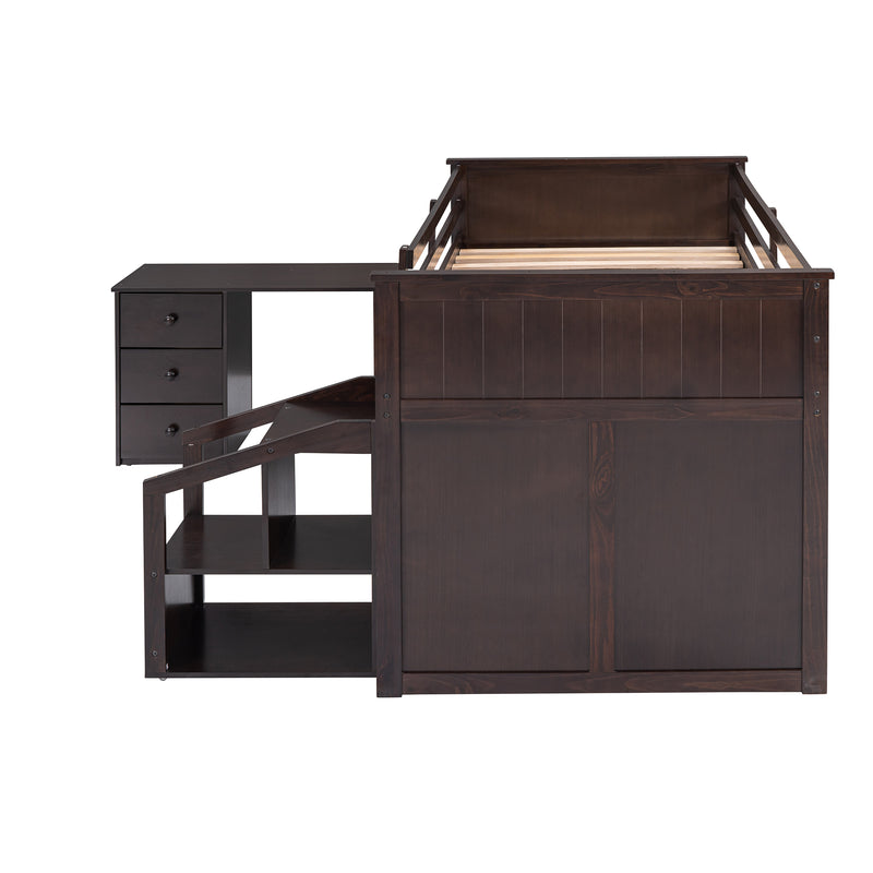 Loft Bed Low Study Twin Size Loft Bed With Storage Steps and Portable,Desk,Espresso