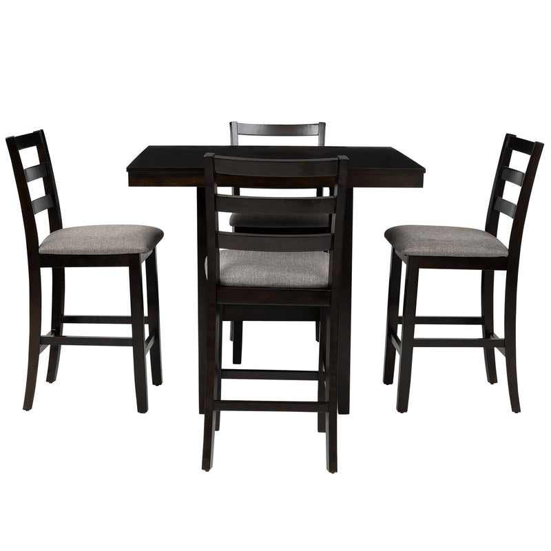 5-Piece Wooden Counter Height Dining Set with Padded Chairs and Storage Shelving, Espresso