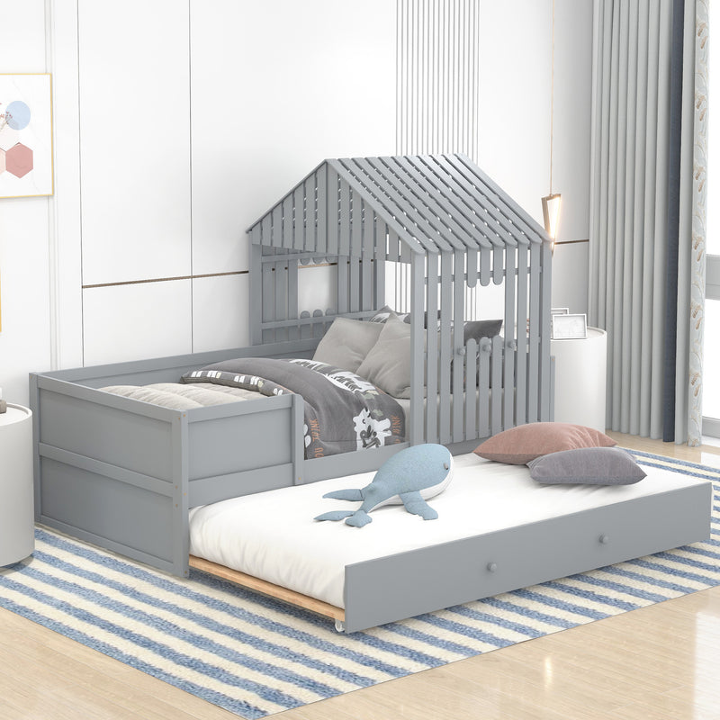 Twin Size House Low Loft Bed with Trundle,Gray