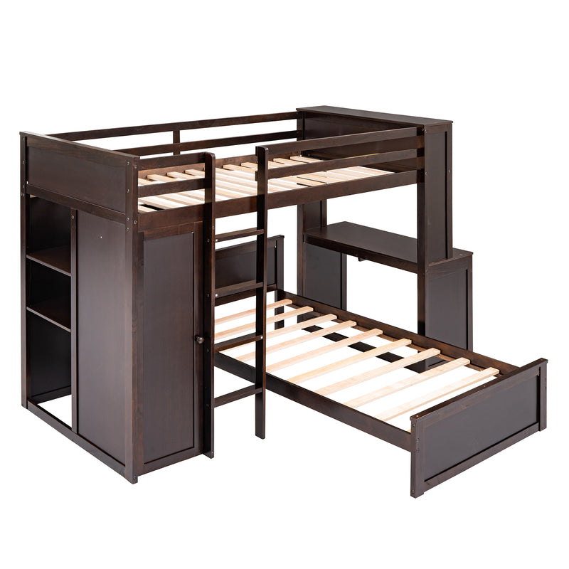 Twin size Loft Bed with a Stand-alone bed, Shelves,Desk,and Wardrobe-Espresso