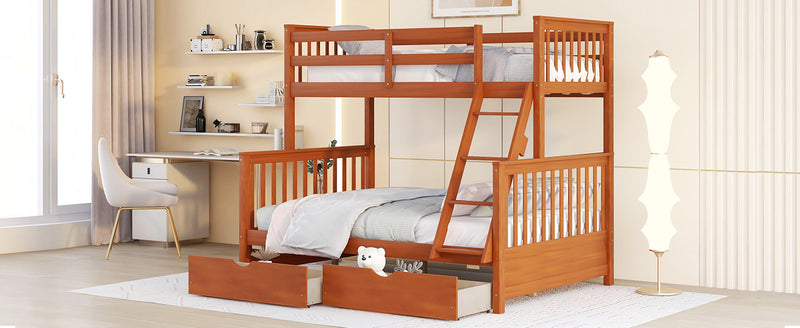 Twin-Over-Full Bunk Bed with Ladders and Two Storage Drawers (Walnut)