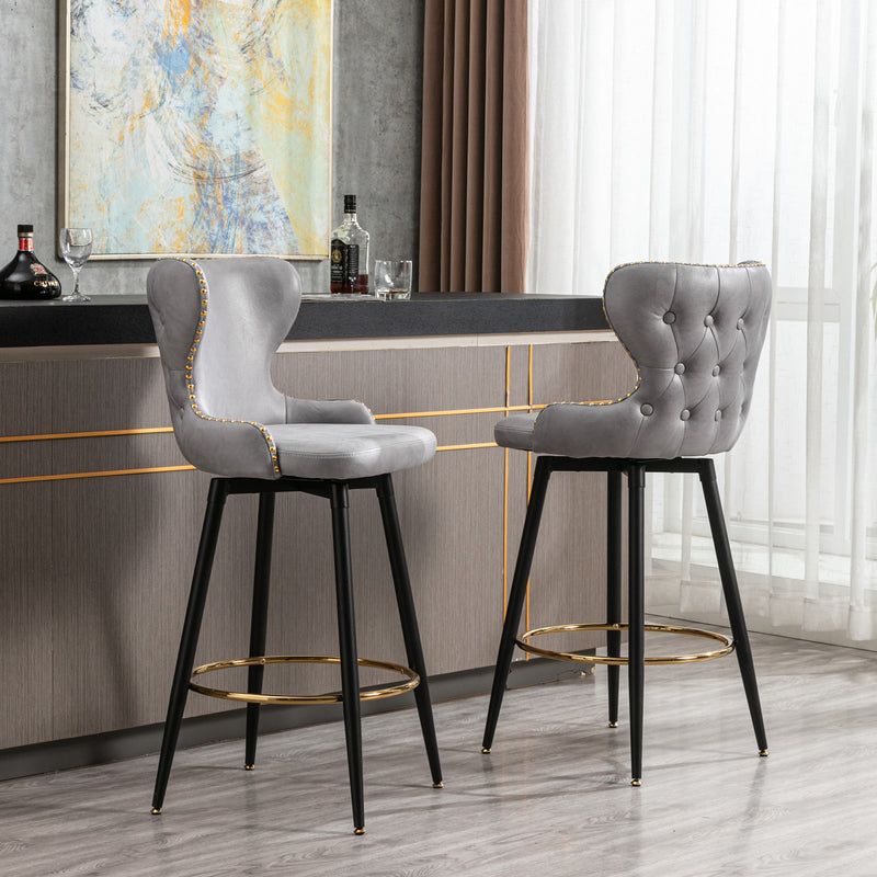 29" Modern Fabric Faux Leather bar chairs,180° Swivel Bar Stool Chair for Kitchen,Tufted Gold Nailhead Trim Gold Decoration Bar Stools with Metal Legs,Set of 2 (Light Grey)