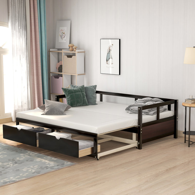 Wooden Daybed with Trundle Bed and Two Storage Drawers , Extendable Bed Daybed,Sofa Bed for Bedroom Living Room,Espresso