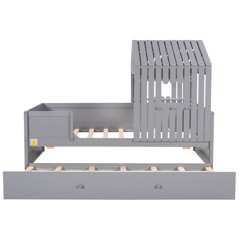 Twin Size House Low Loft Bed with Trundle,Gray