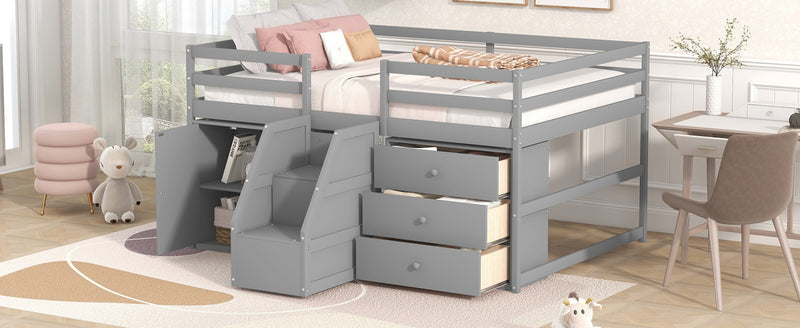 Full Size Functional Loft Bed with Cabinets and Drawers, Hanging Clothes at the back of the Staircase, Gray