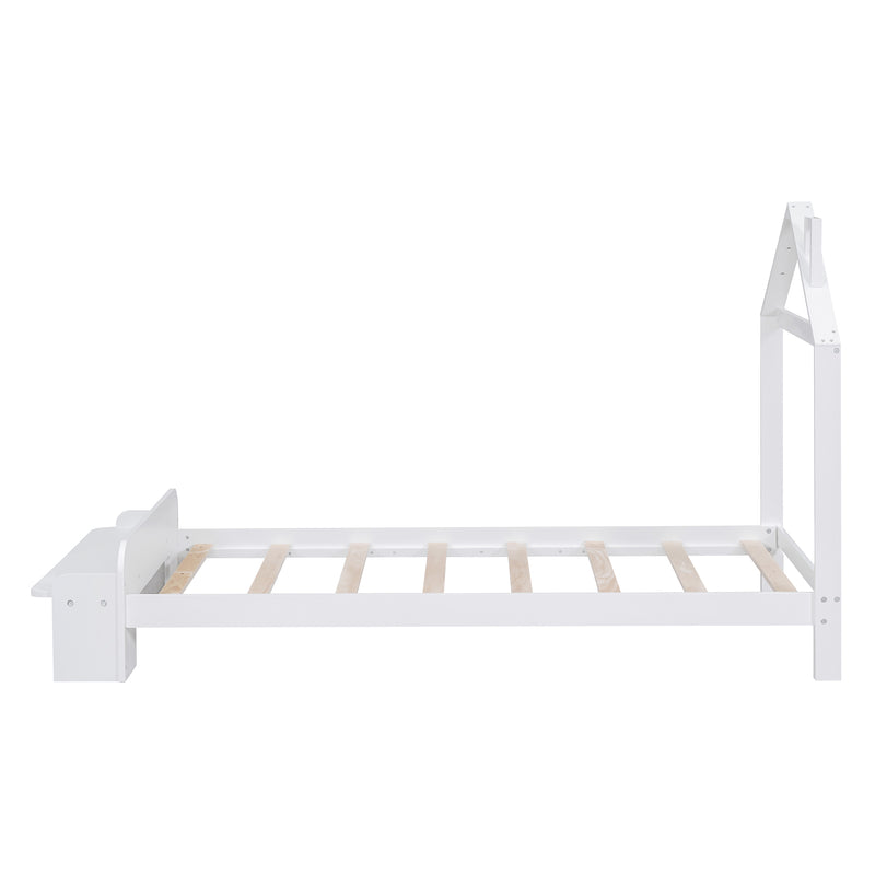 Twin Size Wood Platform Bed with House-shaped Headboard and Footboard Bench,White