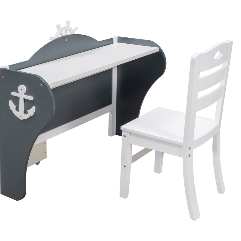 Twin Size Boat-Shaped Platform Bed with Two Drawers,Twin Bed with Desk and Chair for Bedroom,White+Gray