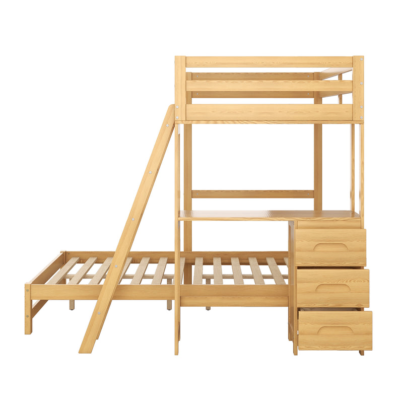 Twin over Full Bunk Bed with Built-in Desk and Three Drawers,Natural