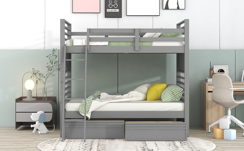 Twin over Twin Wood Bunk Bed with Two Drawers - Gray