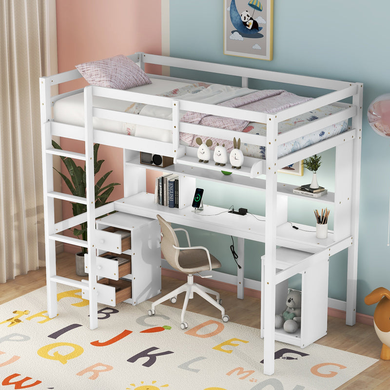 Twin Size Loft Bed with Multi-storage Desk, LED light and Bedside Tray, Charging Station, White