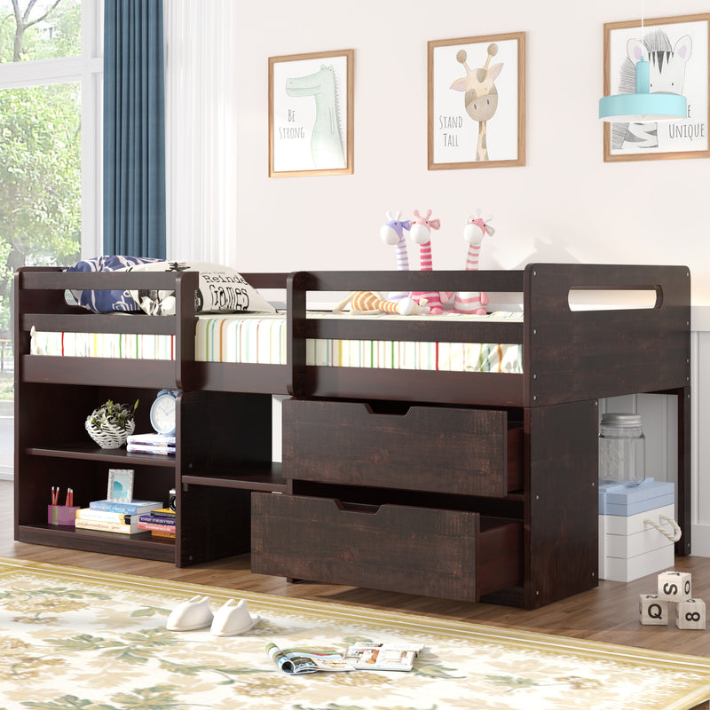 Twin size Loft Bed with Two Shelves and Two drawers (Antique Espresso)