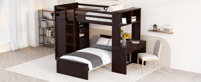 Twin size Loft Bed with a Stand-alone bed, Shelves,Desk,and Wardrobe-Espresso