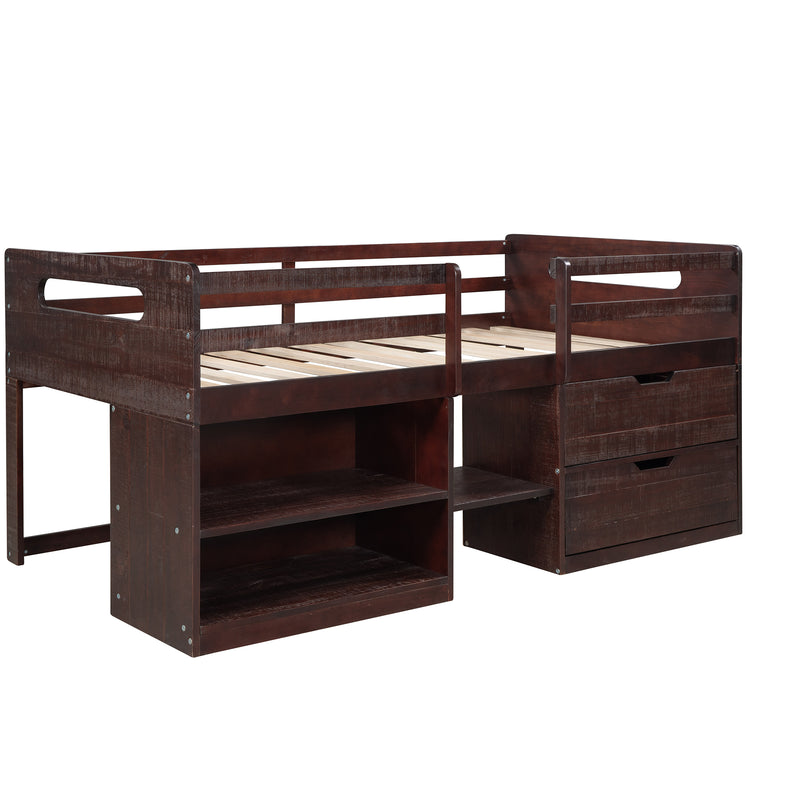 Twin size Loft Bed with Two Shelves and Two drawers (Antique Espresso)