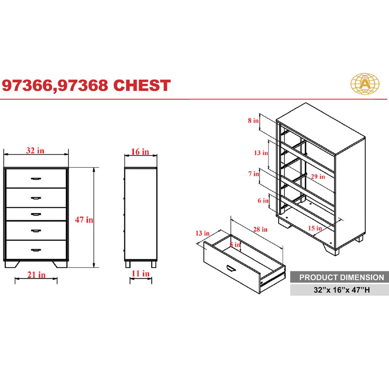 5 Drawers Cabinet Chest in White & Espresso