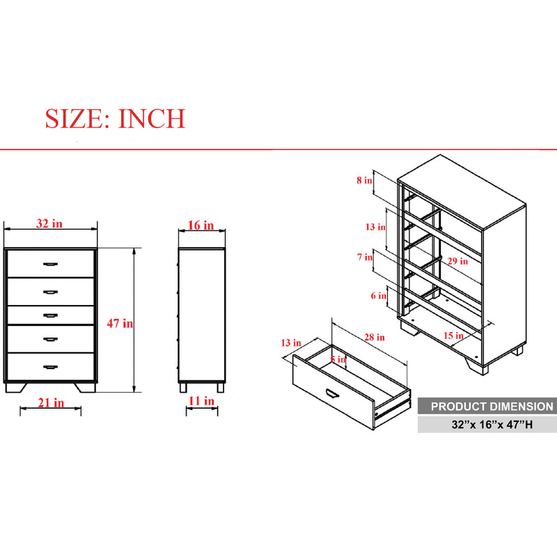 5 Drawers Chest Wood Cabinet in Walnut & Espresso