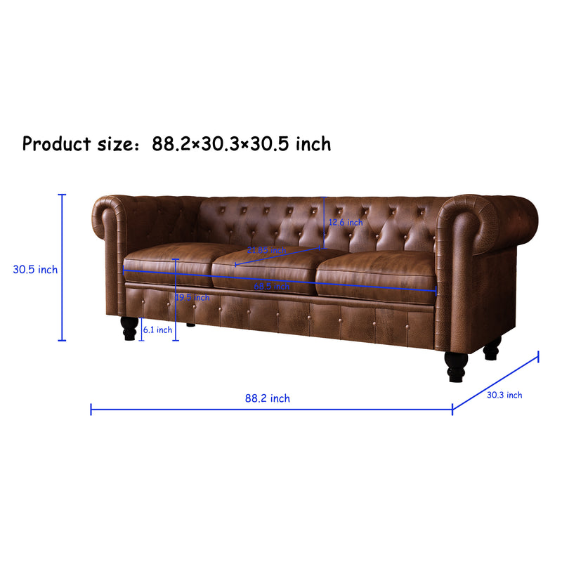 88\' PU Rolled Arm Chesterfield Sofa