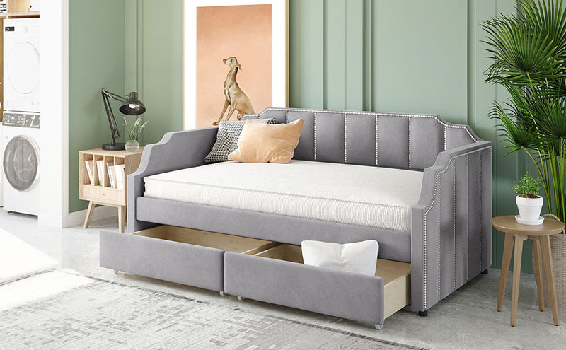 Twin Size Upholstered daybed with Drawers, Wood Slat Support, Gray