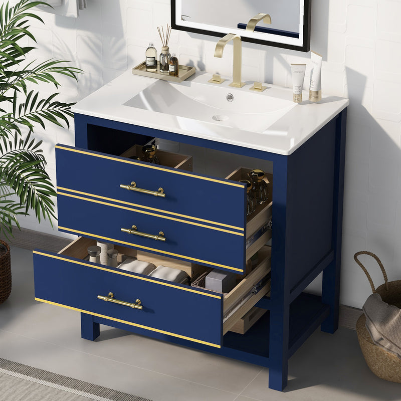 [Viedo]Modern 30inch Navy Blue/White Bathroom Vanity Cabinet Combo with Open
Storge, Two Drawers