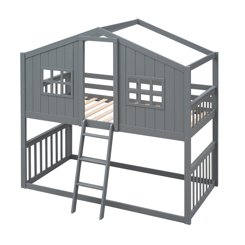 Twin Over Twin House Bunk Bed With Ladder, Wood Bed-Gray