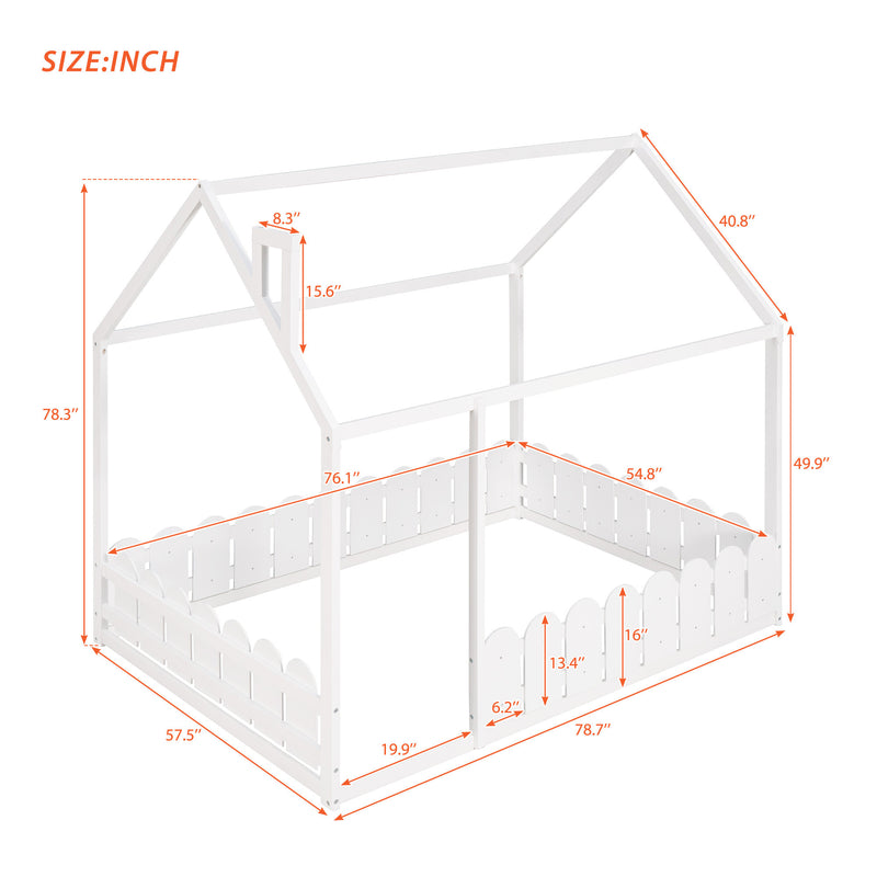 （Slats are not included) Full Size Wood Bed House Bed Frame with Fence, for Kids, Teens, Girls, Boys (White )