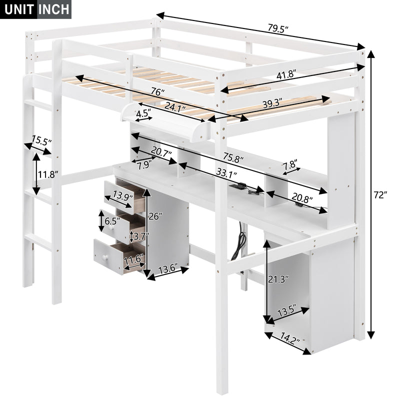 Twin Size Loft Bed with Multi-storage Desk, LED light and Bedside Tray, Charging Station, White