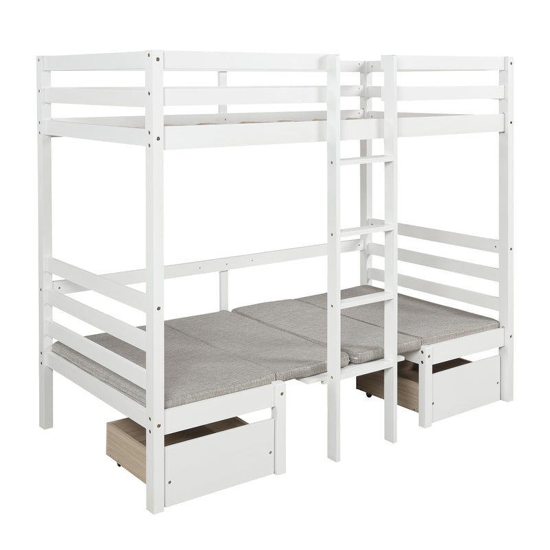 Functional Loft Bed (turn into upper bed and down desk，cushion sets are free), Twin Size, White