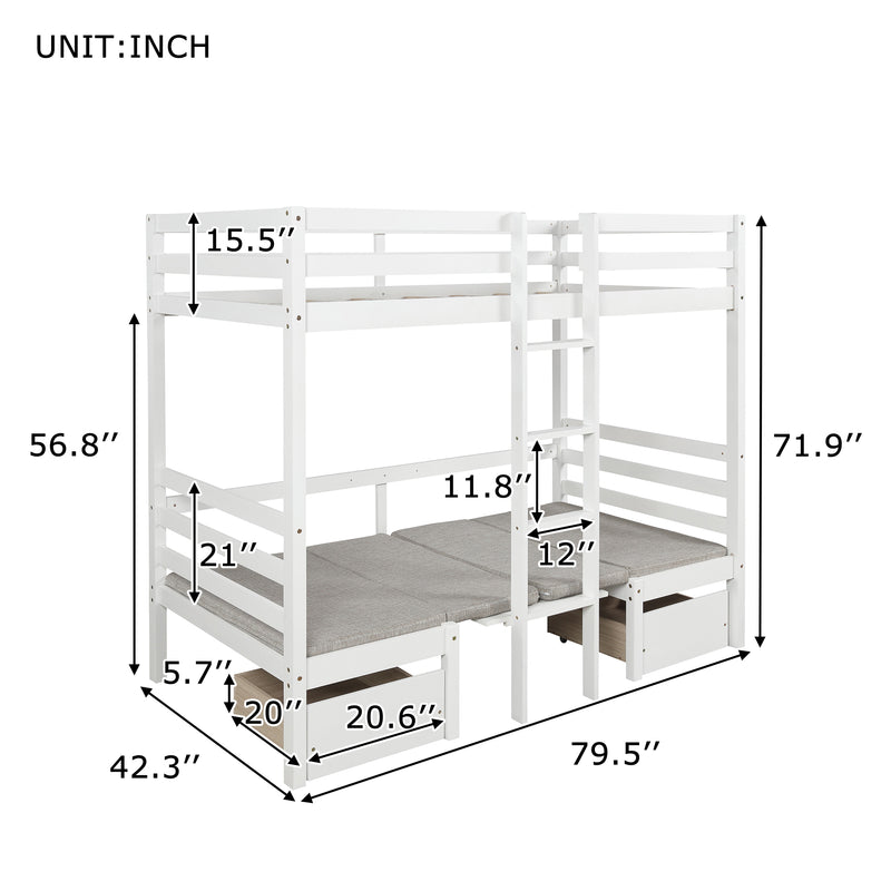 Functional Loft Bed (turn into upper bed and down desk，cushion sets are free), Twin Size, White