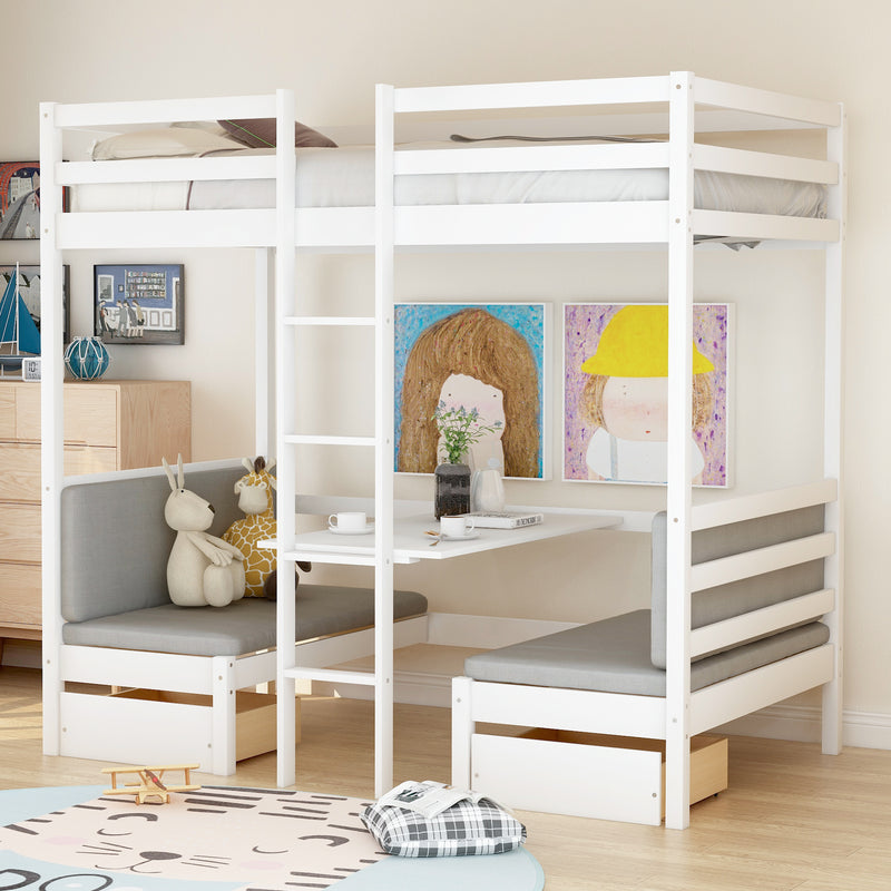 Functional Loft Bed (turn into upper bed and down desk，cushion sets are free), Twin Size, White