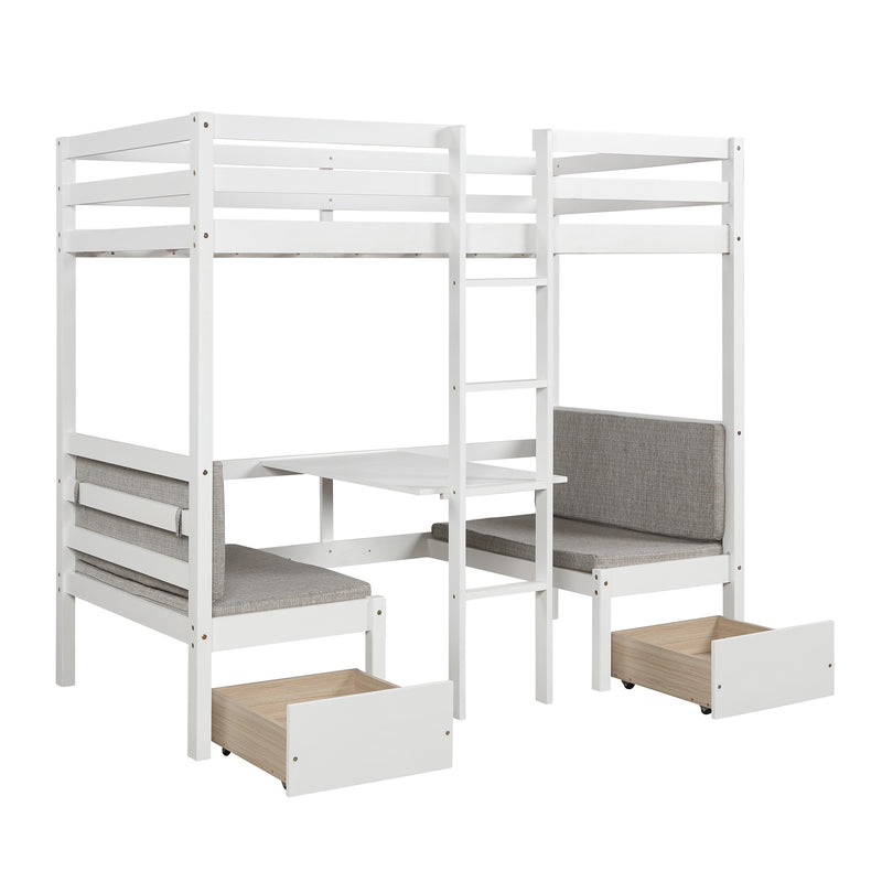 Functional Loft Bed (turn into upper bed and down desk，cushion sets are free), Twin Size, White