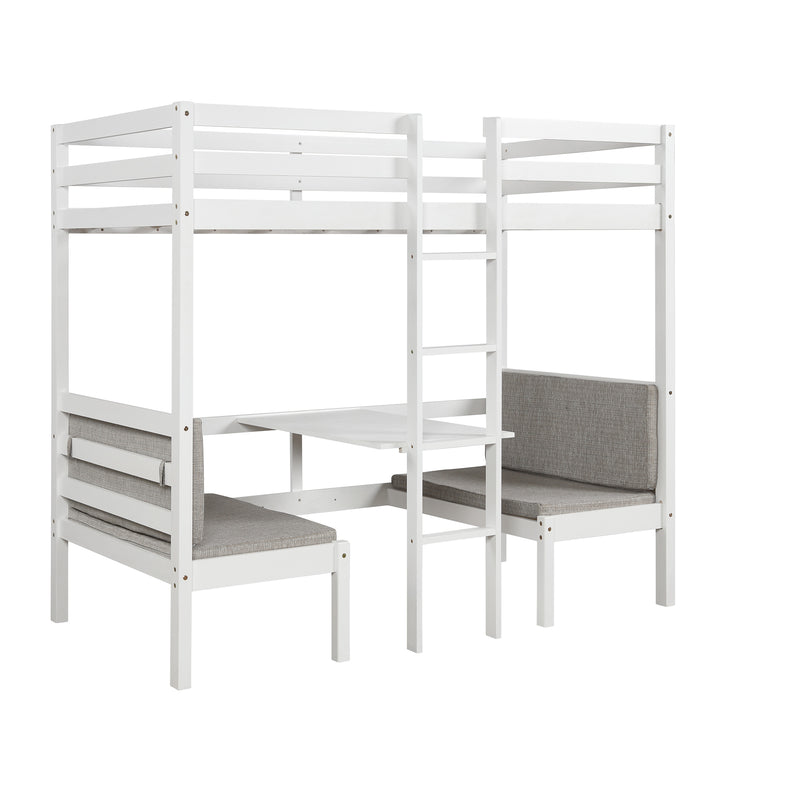 Functional Loft Bed (turn into upper bed and down desk，cushion sets are free), Twin Size, White