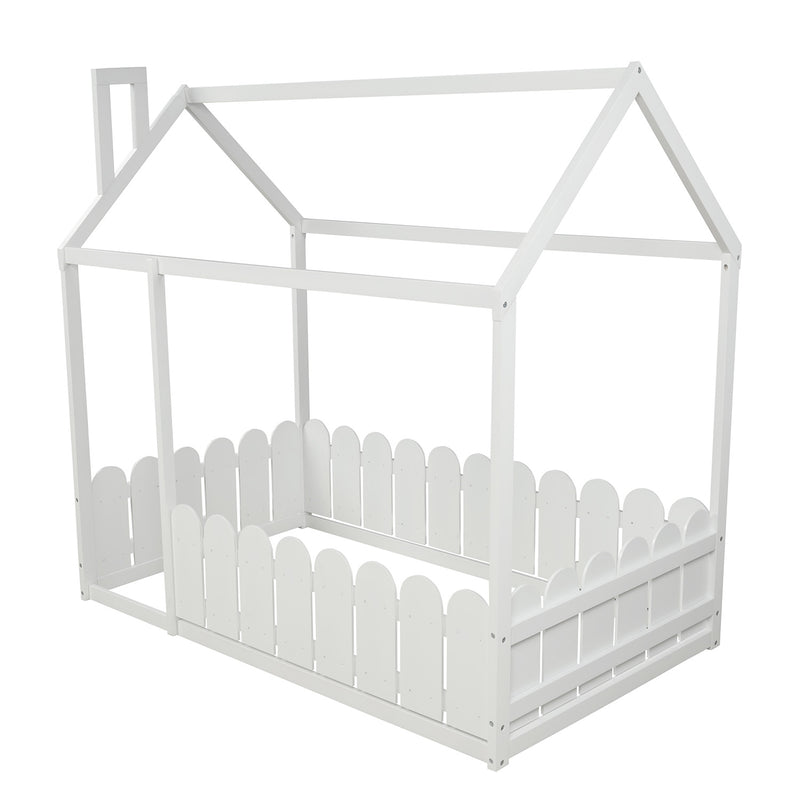 （Slats are not included)  Wood Bed House Bed Frame with Fence, for Kids, Teens, Girls, Boys