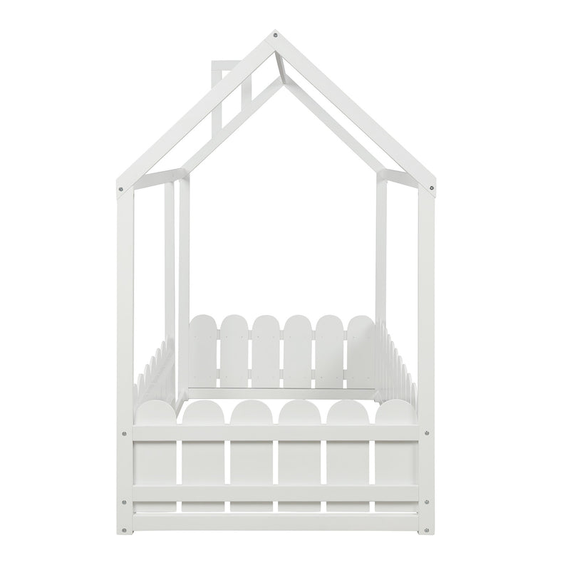 （Slats are not included)  Wood Bed House Bed Frame with Fence, for Kids, Teens, Girls, Boys