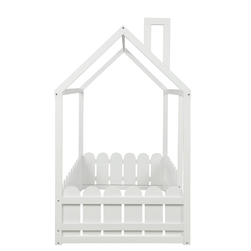 （Slats are not included)  Wood Bed House Bed Frame with Fence, for Kids, Teens, Girls, Boys