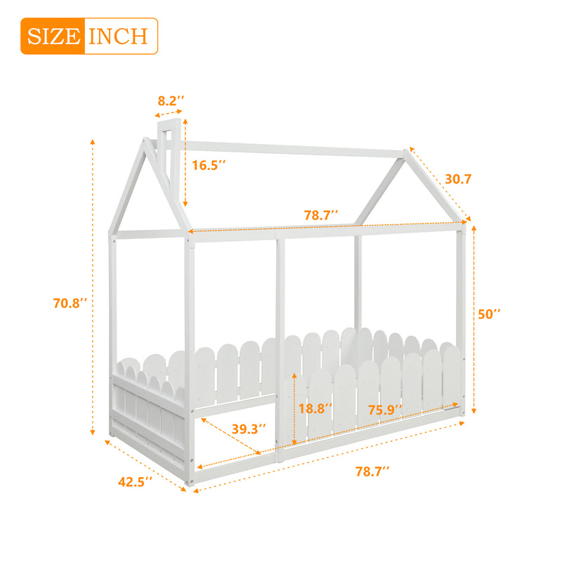 （Slats are not included)  Wood Bed House Bed Frame with Fence, for Kids, Teens, Girls, Boys