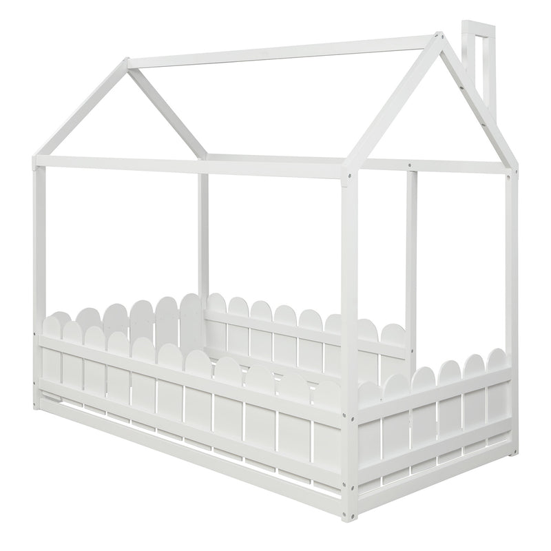 （Slats are not included)  Wood Bed House Bed Frame with Fence, for Kids, Teens, Girls, Boys